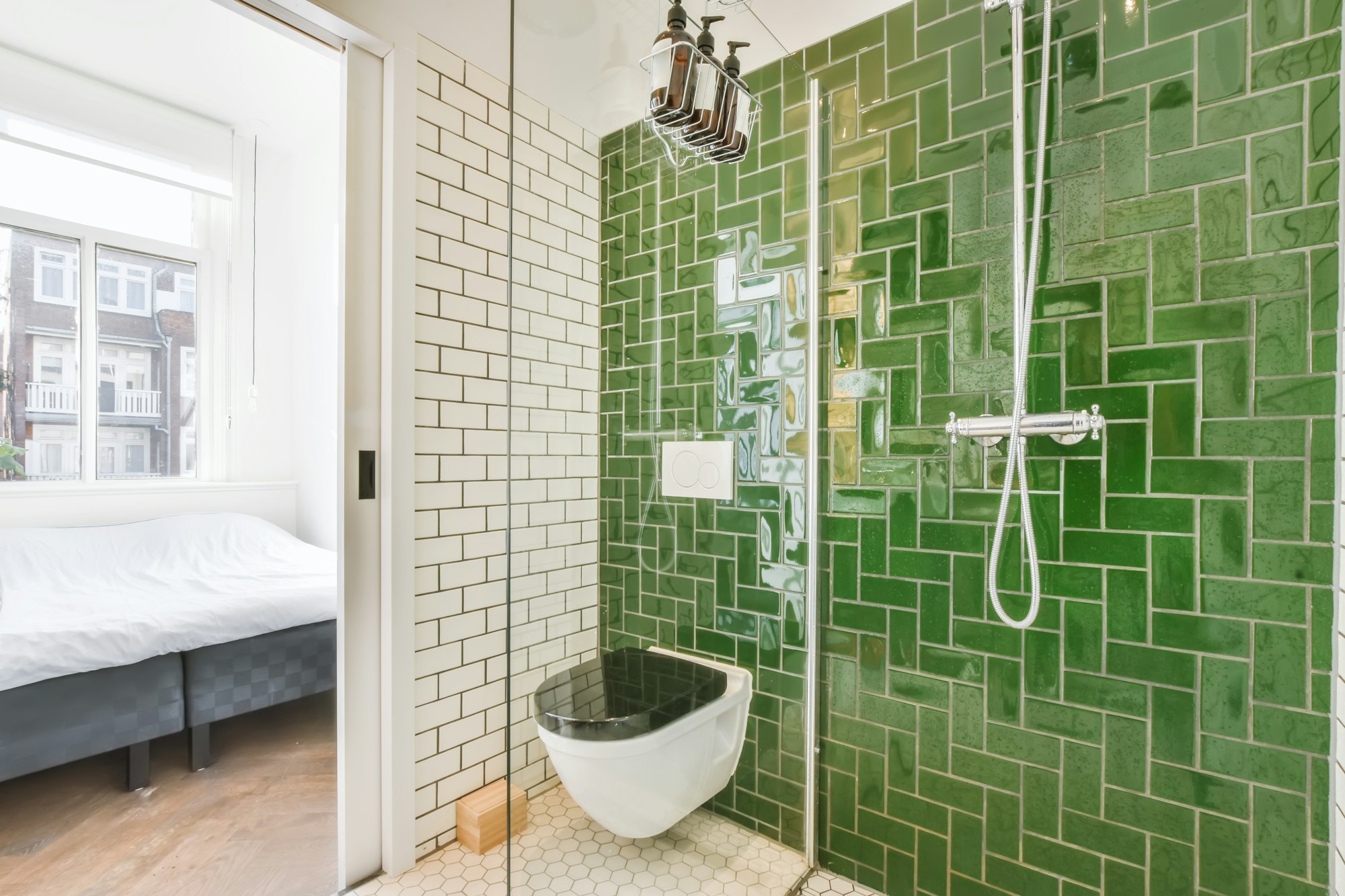 Bathroom with patterned tiles